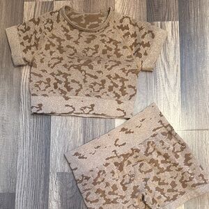 Brown Camo Print Crop Top and Shorts Set